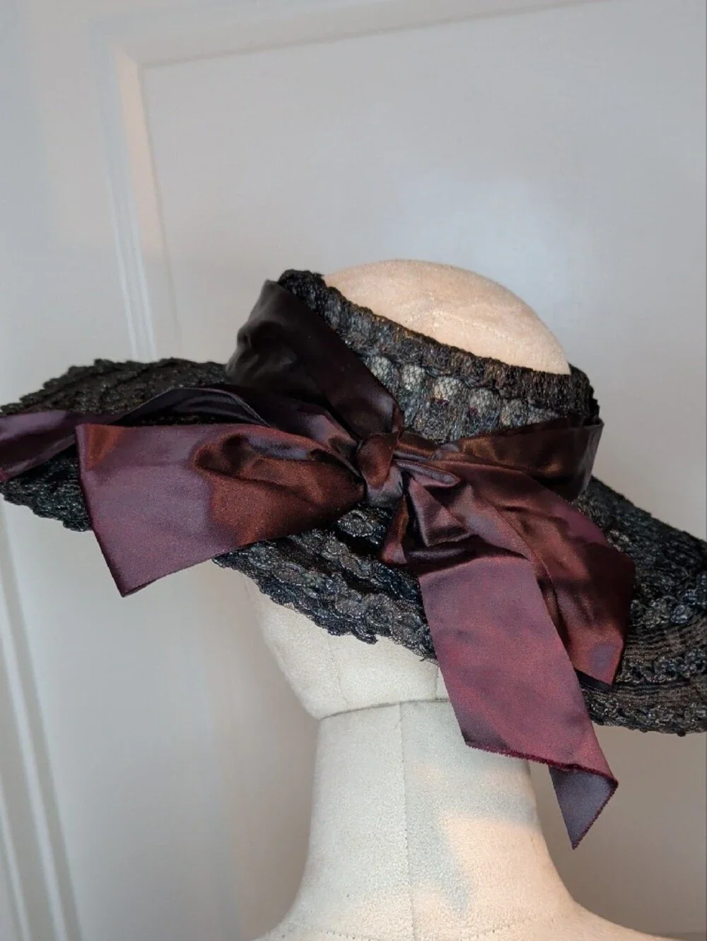 Vintage 50s Evelyn Varon Wide Brim Black Straw Hat Open Crown Satin Bow